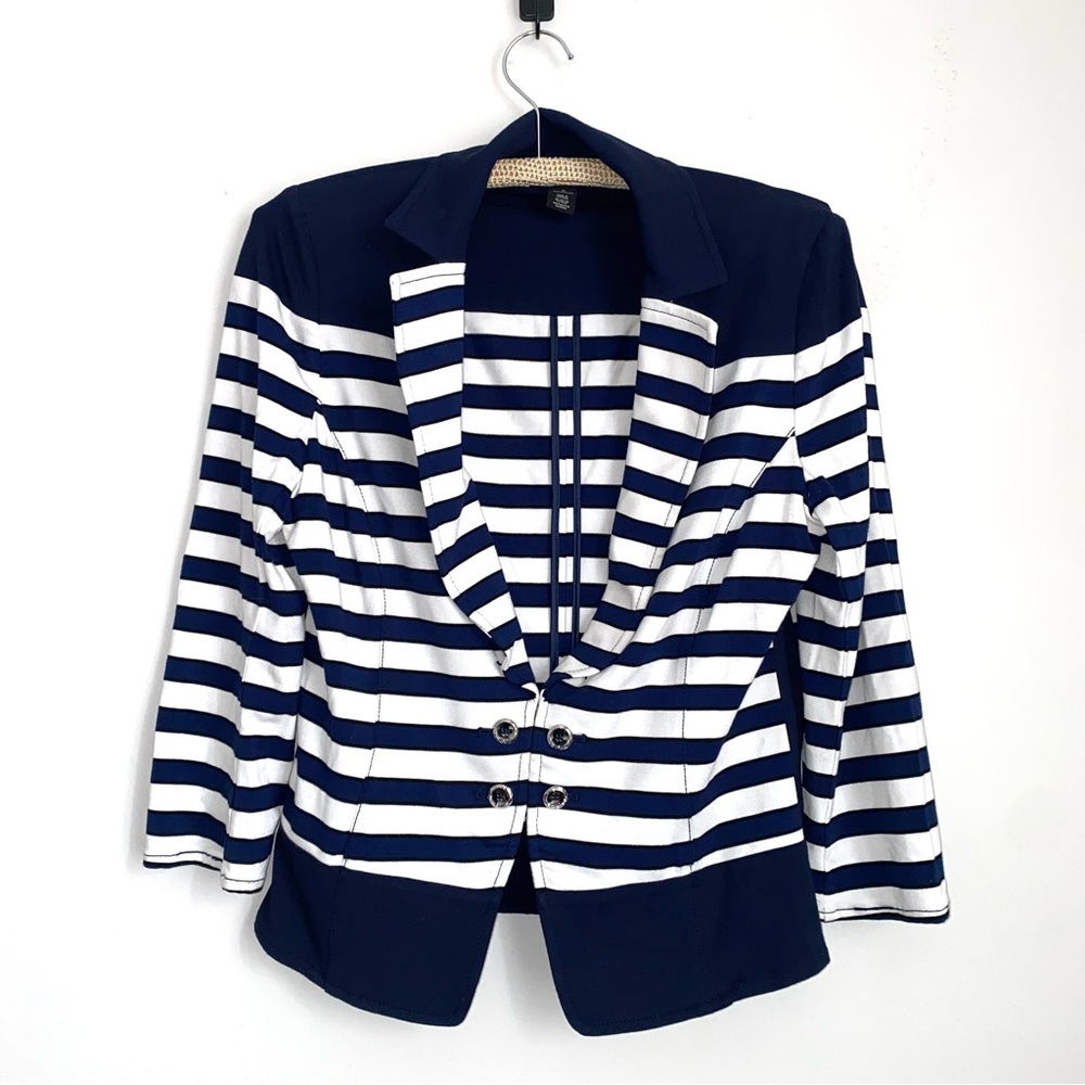 WHITE HOUSE BLACK MARKET Womens 10 Blue White Stripe 3/4 Sleeve Blazer YY6